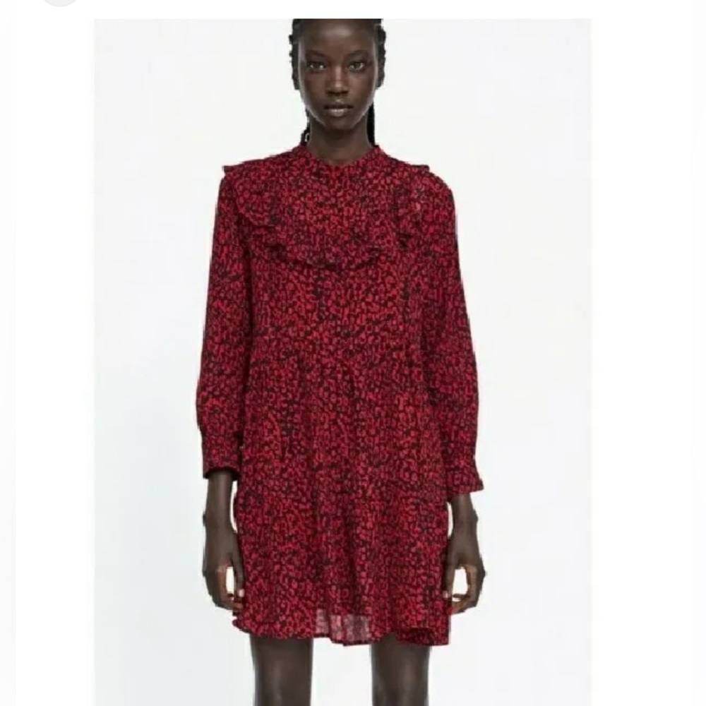 ZARA red and black leopard print babydoll dress